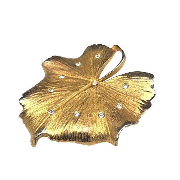 Vintage Coro Lily Pad Brooch, Brushed Gold Tone Botanical Pin Studded - Picture 2 of 4